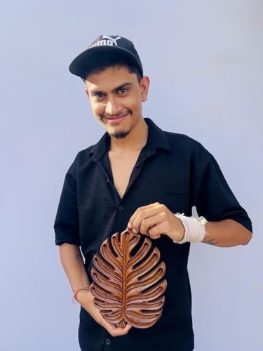kveer wood Wooden Leaf Wall Art – Handcrafted Monstera Leaf Carving | Natural Wood Finish Wall Decor for Living Room, Bedroom & Office – Rustic Home Decoration