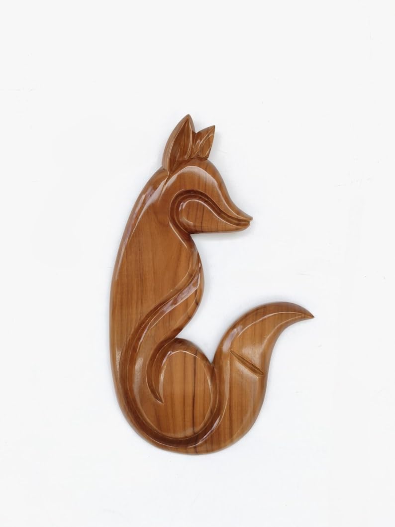 kveer wood Wooden Fox Wall Art – Handcrafted Animal Carving for Home Decor | Teak Finish | Nature-Inspired Rustic Wall Hanging | 12x6 inch