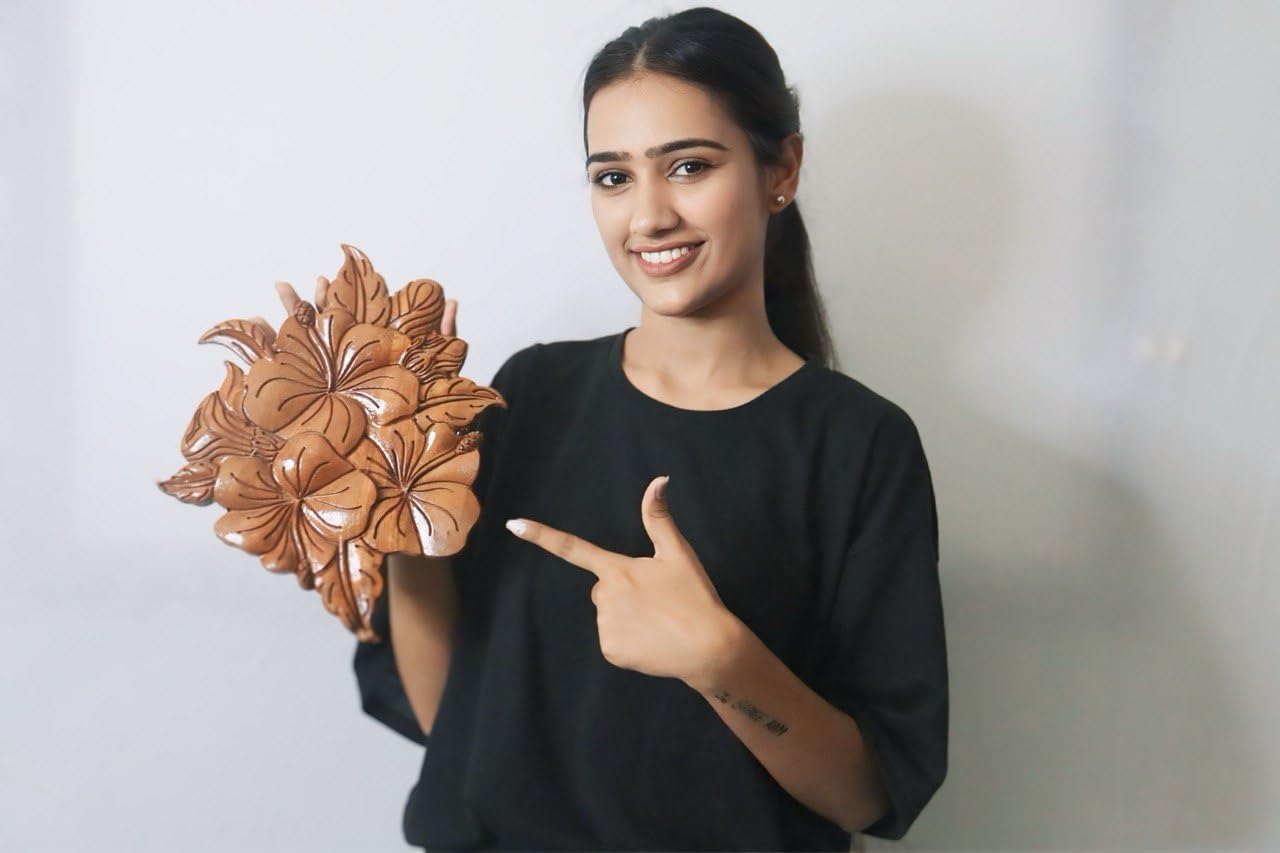 kveer wood Handcrafted Wooden Hibiscus Wall Art – Decorative Flower Carving Panel for Home & Office | Natural Finish Wood Wall Hanging Decor