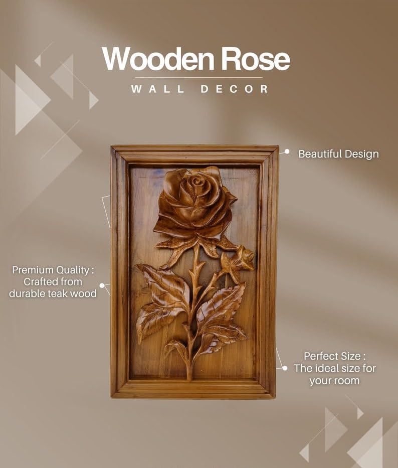 kveer Handcrafted Wooden Rose Wall Art, 3D Carved Floral Relief Panel, Decorative Wood Wall Hanging for Living Room, Bedroom