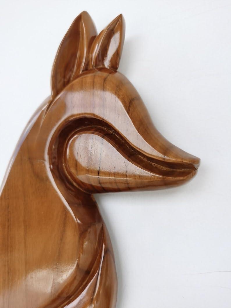 kveer wood Wooden Fox Wall Art – Handcrafted Animal Carving for Home Decor | Teak Finish | Nature-Inspired Rustic Wall Hanging | 12x6 inch