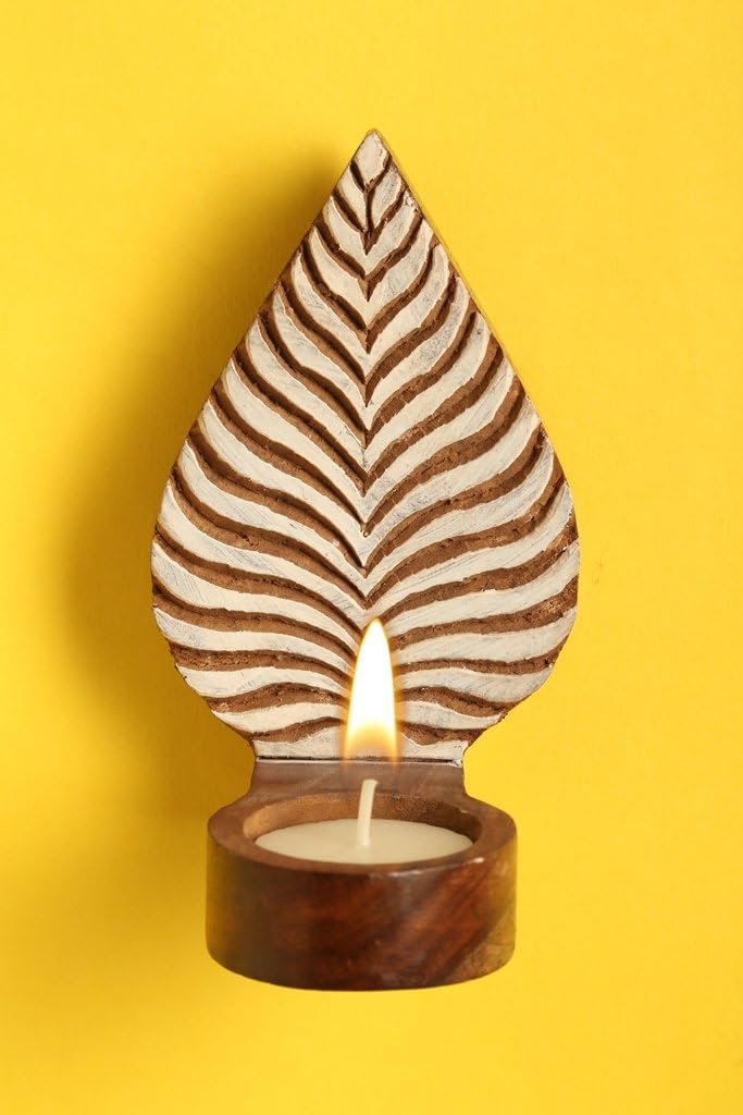 kveer Handcrafted Wooden Tealight Candle Holder | Decorative Leaf Design | Vintage Wood Tea Light Stand for Home, Office & Pooja Décor