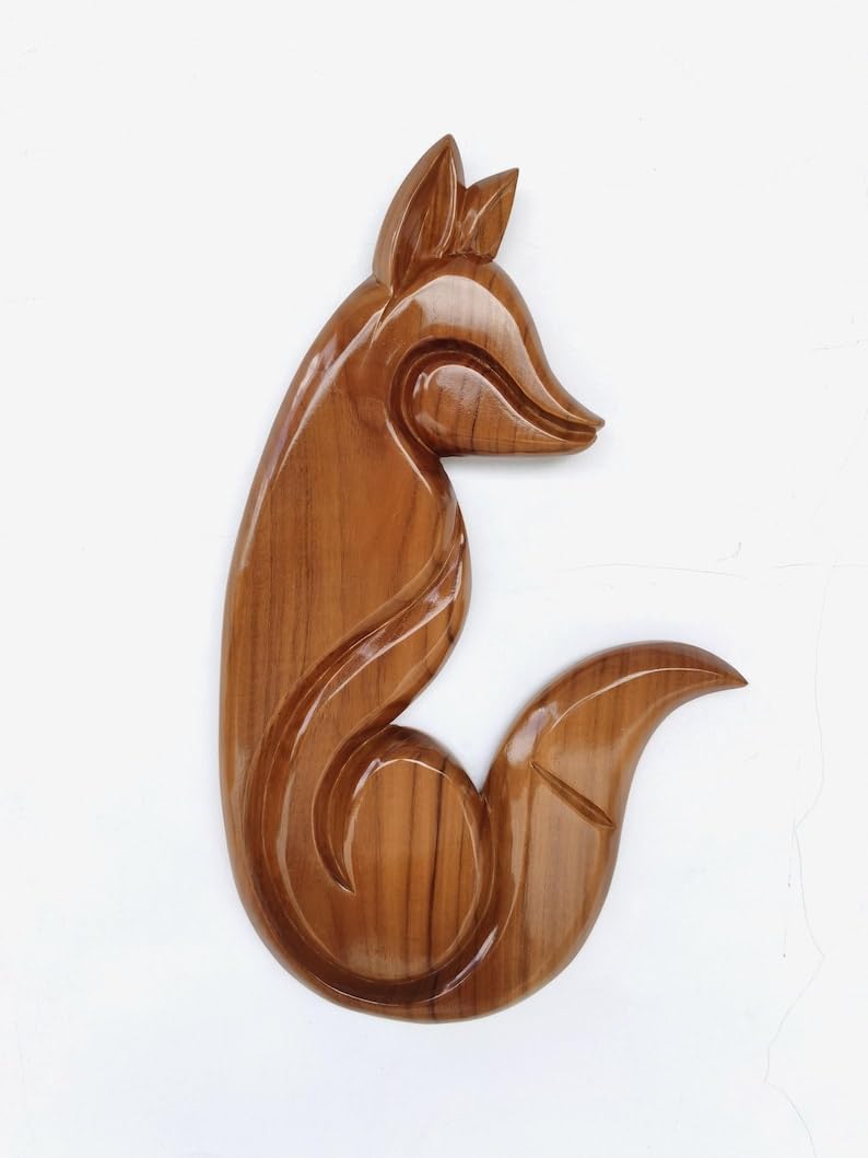 kveer wood Wooden Fox Wall Art – Handcrafted Animal Carving for Home Decor | Teak Finish | Nature-Inspired Rustic Wall Hanging | 12x6 inch