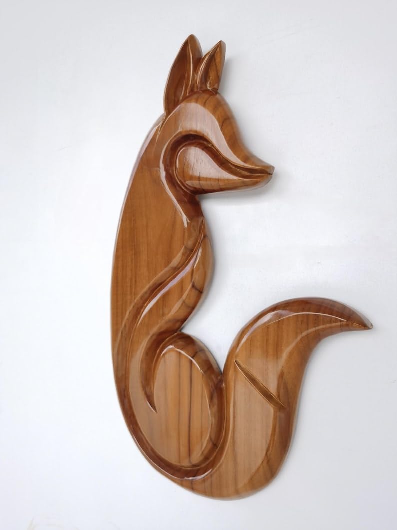 kveer wood Wooden Fox Wall Art – Handcrafted Animal Carving for Home Decor | Teak Finish | Nature-Inspired Rustic Wall Hanging | 12x6 inch