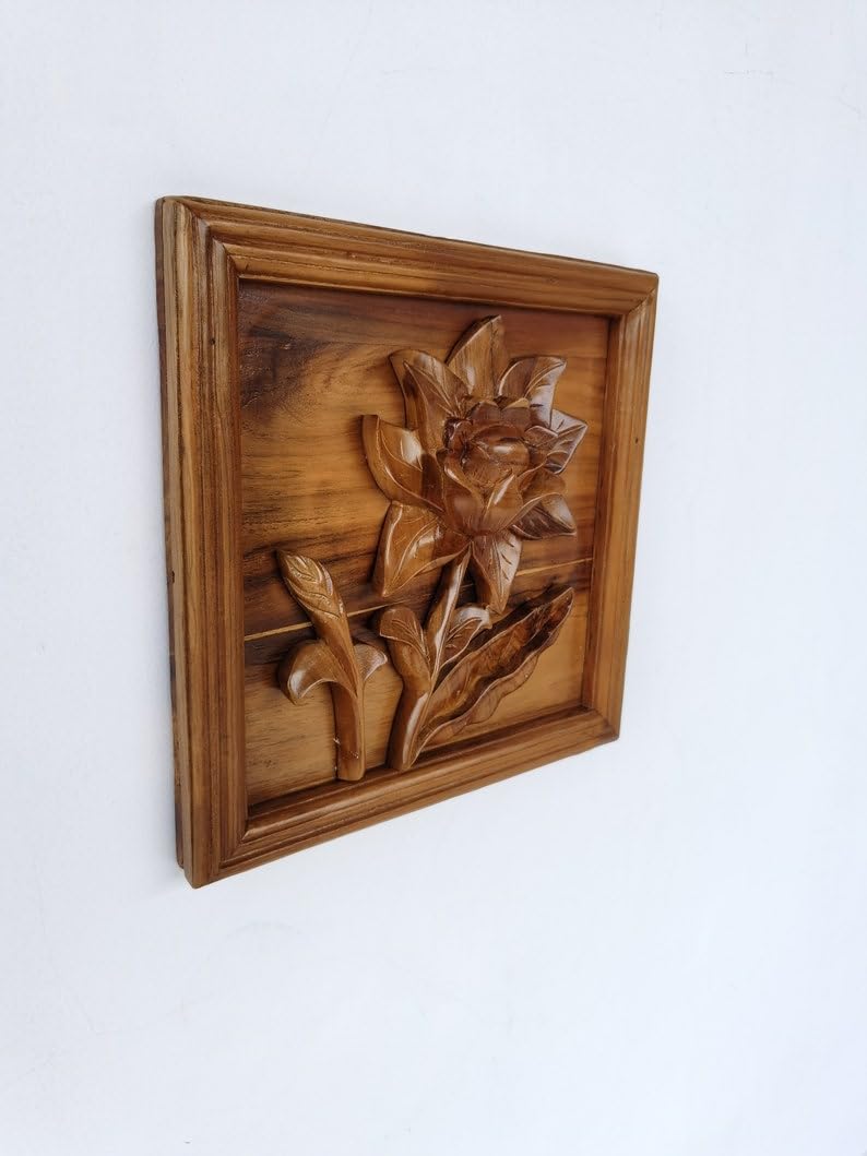 kveer Hand Carved Wooden Floral Wall Art, Rustic 3D Botanical Rose Carving, Farmhouse Style Decor
