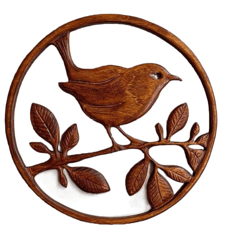 kveer Handcrafted Wooden Bird Wall Art – Round Nature-Themed Wall Hanging Décor – Rustic Carved Wood Plaque for Living Room, Bedroom, or Entryway – 12 Inch Wood