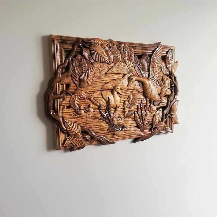 kveer wood Handcrafted Wooden Duck Family Wall Art, 3D Carved Nature Scene, Rustic Home Decor