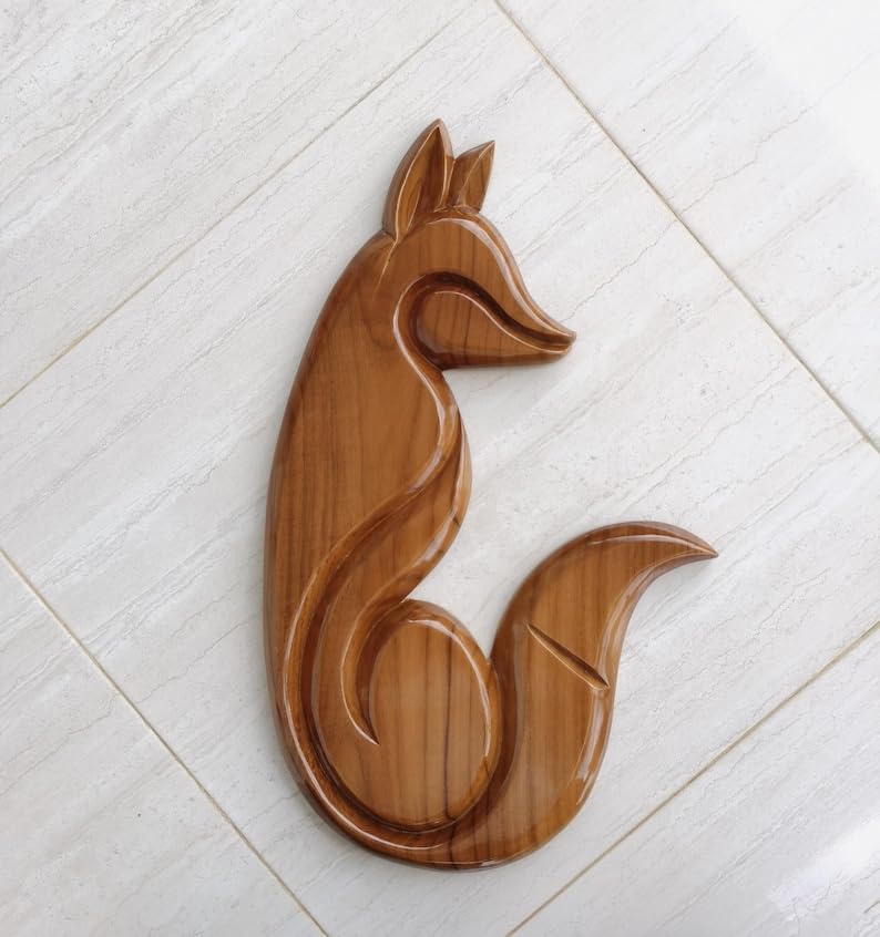 kveer wood Wooden Fox Wall Art – Handcrafted Animal Carving for Home Decor | Teak Finish | Nature-Inspired Rustic Wall Hanging | 12x6 inch
