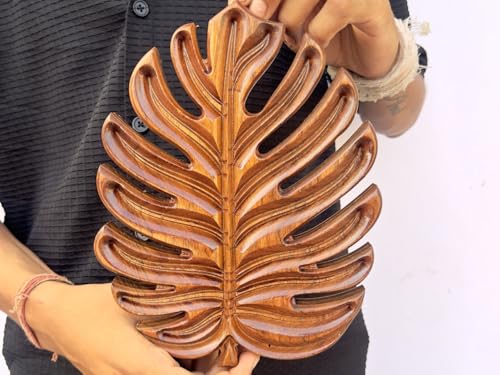 kveer wood Wooden Leaf Wall Art – Handcrafted Monstera Leaf Carving | Natural Wood Finish Wall Decor for Living Room, Bedroom & Office – Rustic Home Decoration