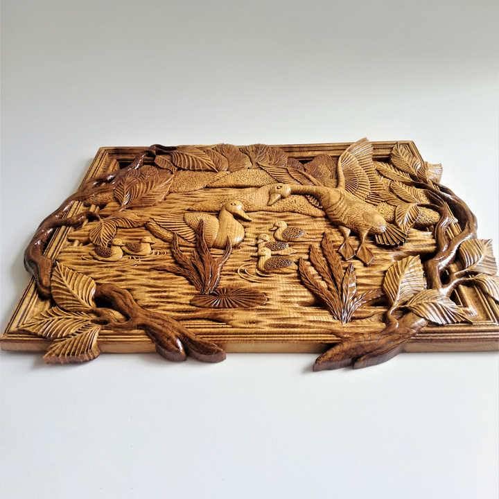 kveer wood Handcrafted Wooden Duck Family Wall Art, 3D Carved Nature Scene, Rustic Home Decor