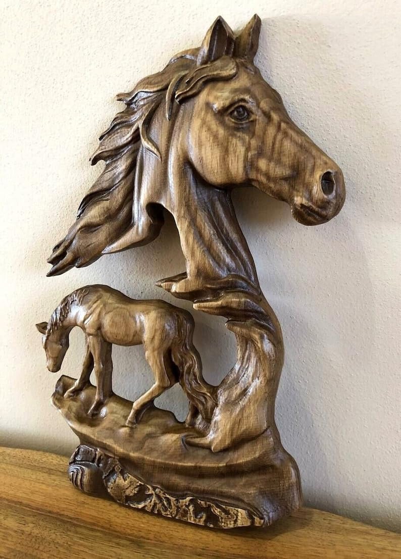kveer wood Handcarved Wooden Horse Wall Art Sculpture, Double Horse Design, Rustic Home Decor