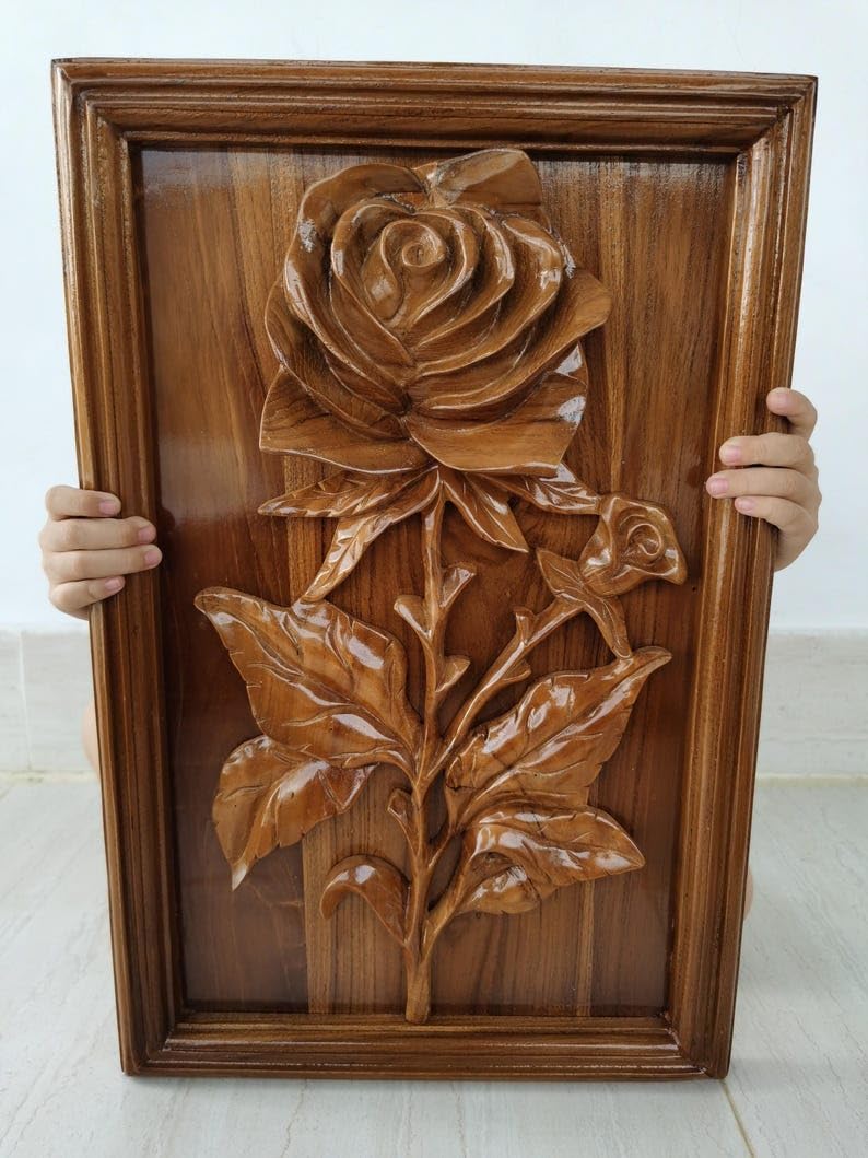 kveer Handcrafted Wooden Rose Wall Art, 3D Carved Floral Relief Panel, Decorative Wood Wall Hanging for Living Room, Bedroom