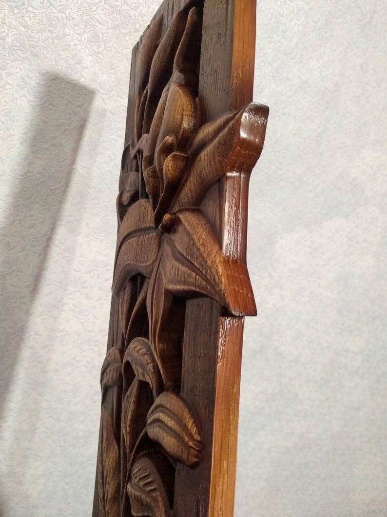 kveer WOOD Handcrafted Wooden Wall Art Panel, Lily Flower Carved Design, Decorative Wood Wall Hanging