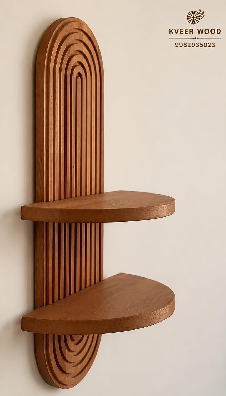 kveer Wood Arched Wooden Wall Shelf with Double Tier Slatted Design