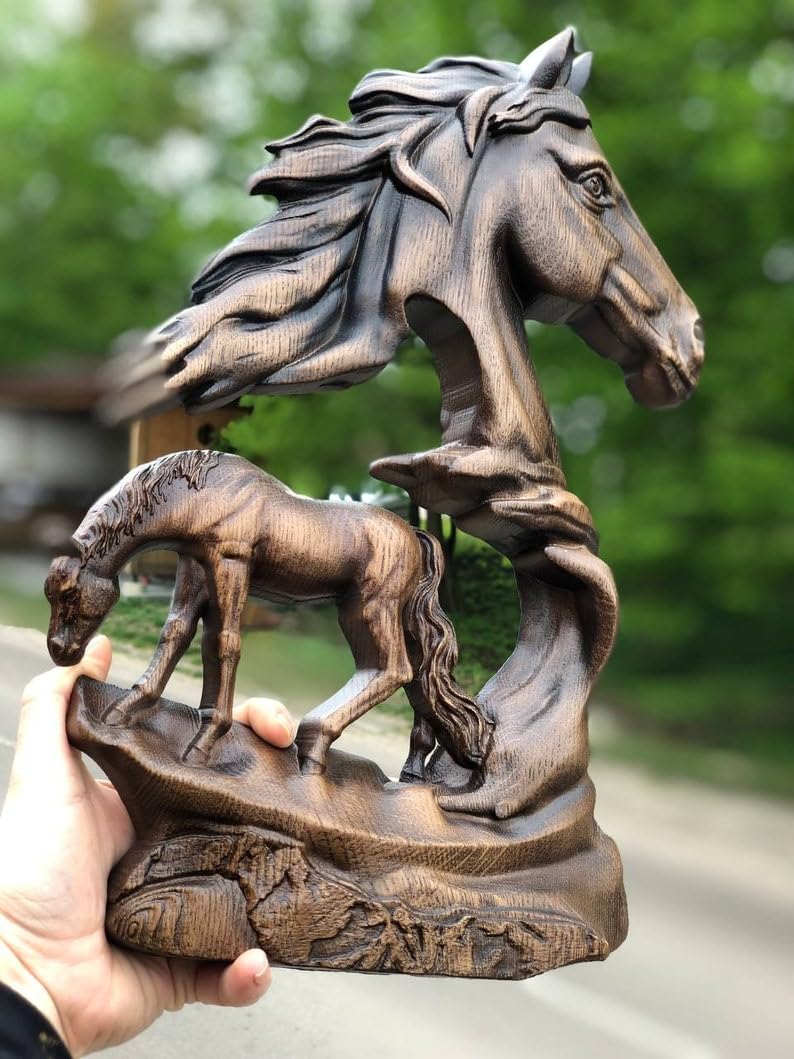 kveer wood Handcarved Wooden Horse Wall Art Sculpture, Double Horse Design, Rustic Home Decor