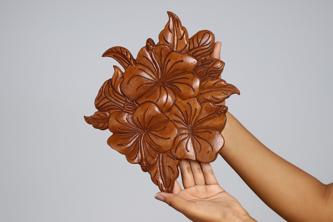 kveer wood Handcrafted Wooden Hibiscus Wall Art – Decorative Flower Carving Panel for Home & Office | Natural Finish Wood Wall Hanging Decor