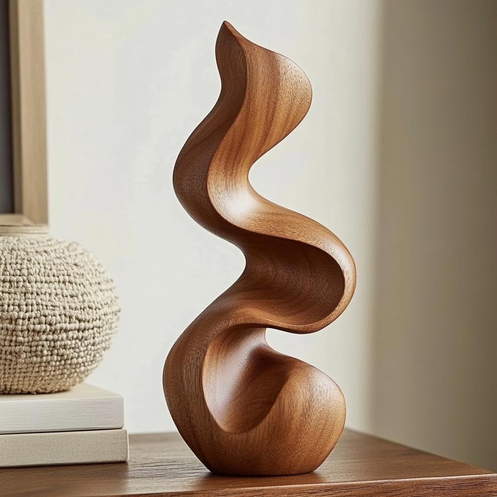 kveer Wood Abstract Wooden Sculpture, Wavy Spiral Design, Brown Wood Tabletop Decor, Modern Art Figurine