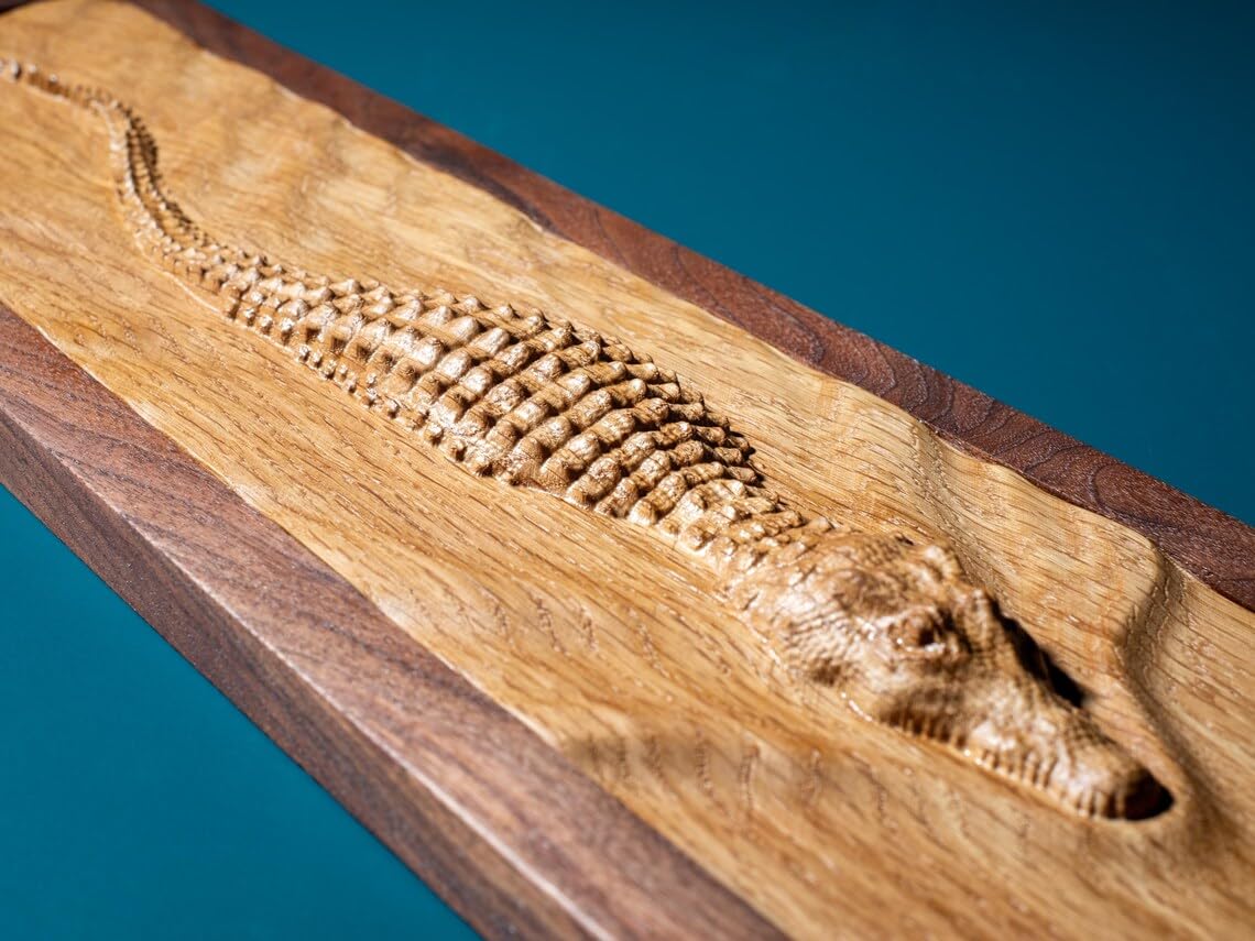 kveer 3D Carved Crocodile Wall Art, Handcrafted Oak Wood with Walnut Frame, Decorative Relief Carving