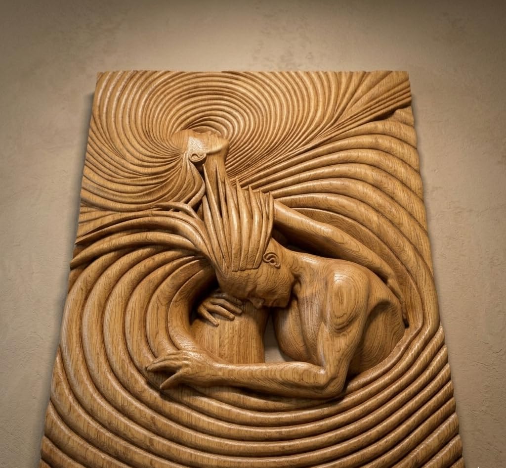 kveer wood Hand-Carved Oak Wood Wall Art, 3D Relief Sculpture, Abstract Swirl Pattern, Embracing Figures, Large Wooden Plaque for Home Decor