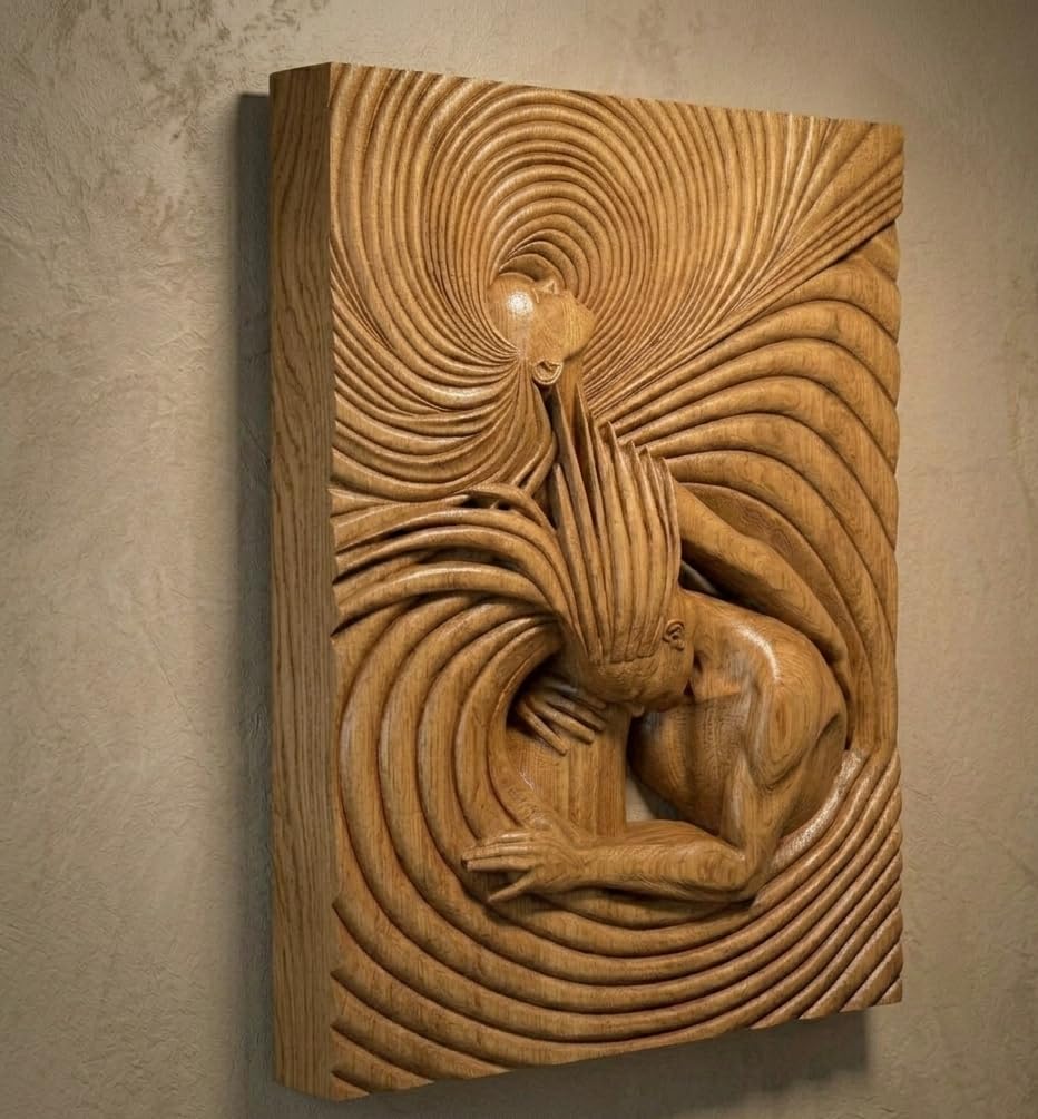 kveer wood Hand-Carved Oak Wood Wall Art, 3D Relief Sculpture, Abstract Swirl Pattern, Embracing Figures, Large Wooden Plaque for Home Decor