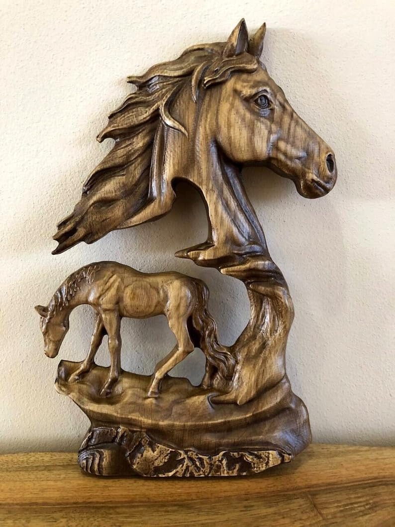 kveer wood Handcarved Wooden Horse Wall Art Sculpture, Double Horse Design, Rustic Home Decor