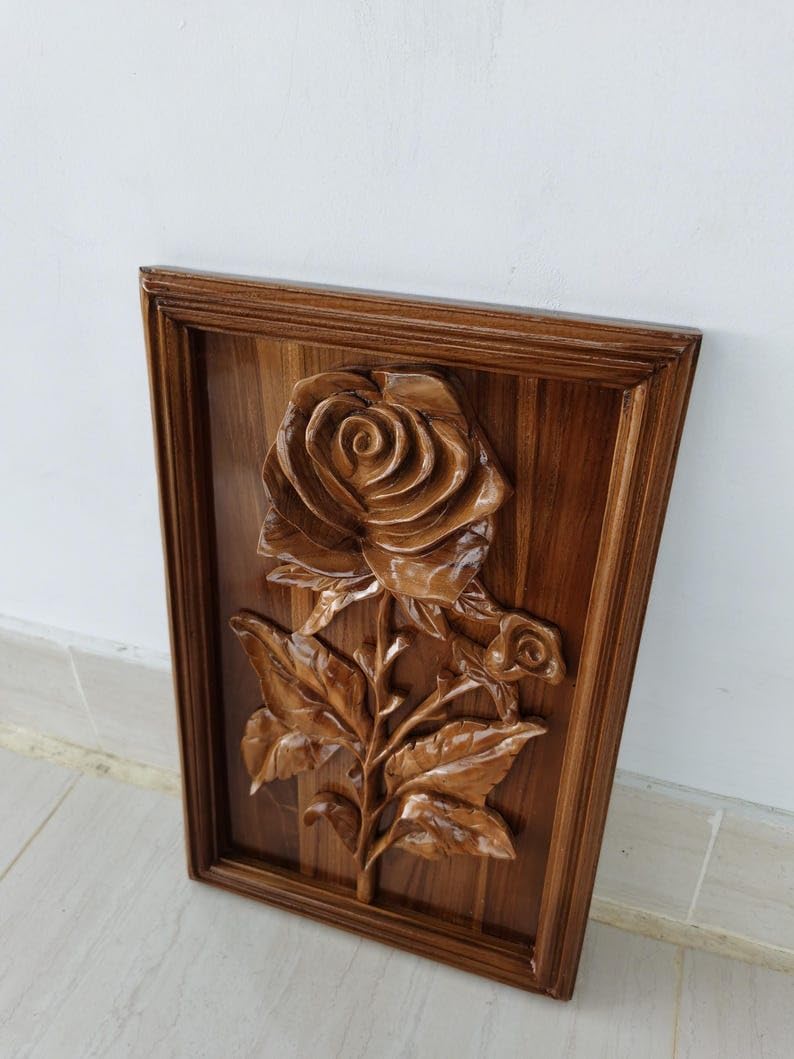 kveer Handcrafted Wooden Rose Wall Art, 3D Carved Floral Relief Panel, Decorative Wood Wall Hanging for Living Room, Bedroom