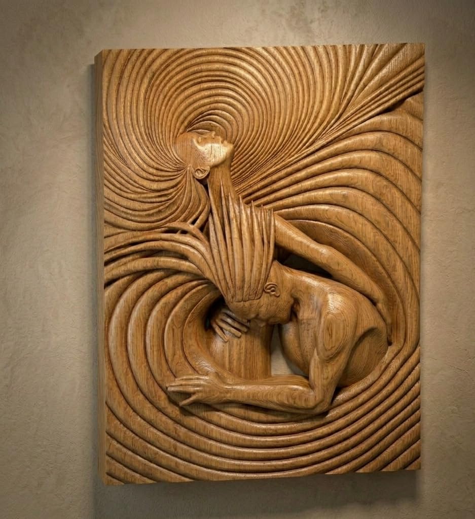 kveer wood Hand-Carved Oak Wood Wall Art, 3D Relief Sculpture, Abstract Swirl Pattern, Embracing Figures, Large Wooden Plaque for Home Decor