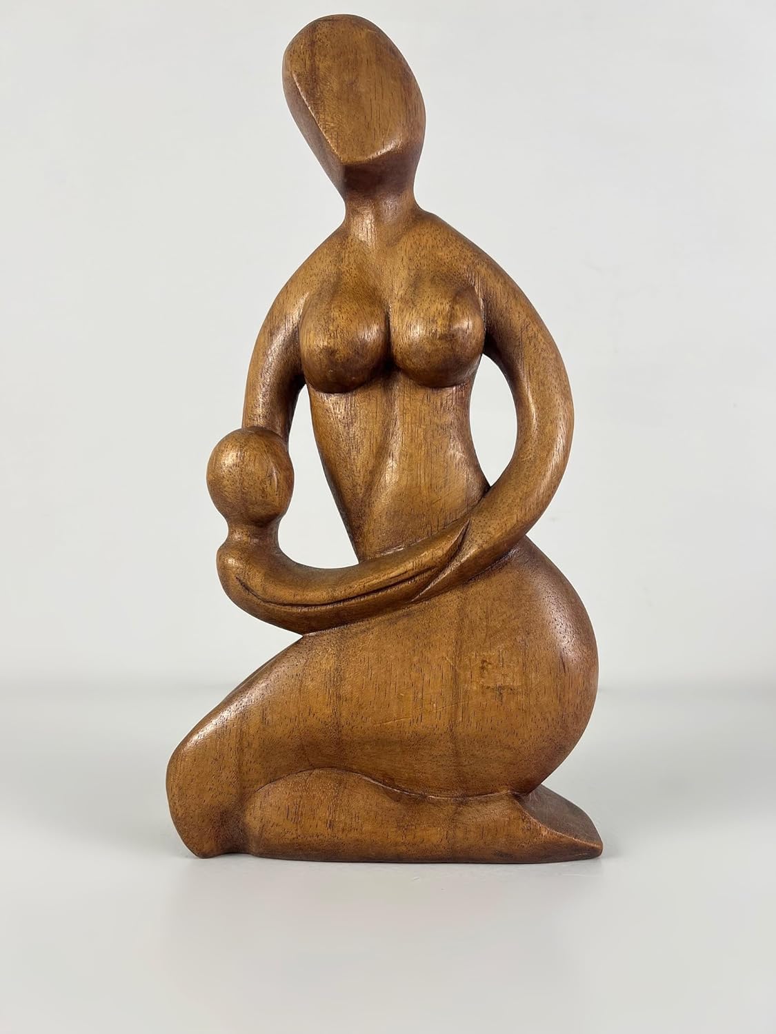 kveer Wood Hand-Carved Wooden Mother and Child Figurine, Abstract Sculpture, Brown, Decorative Idol