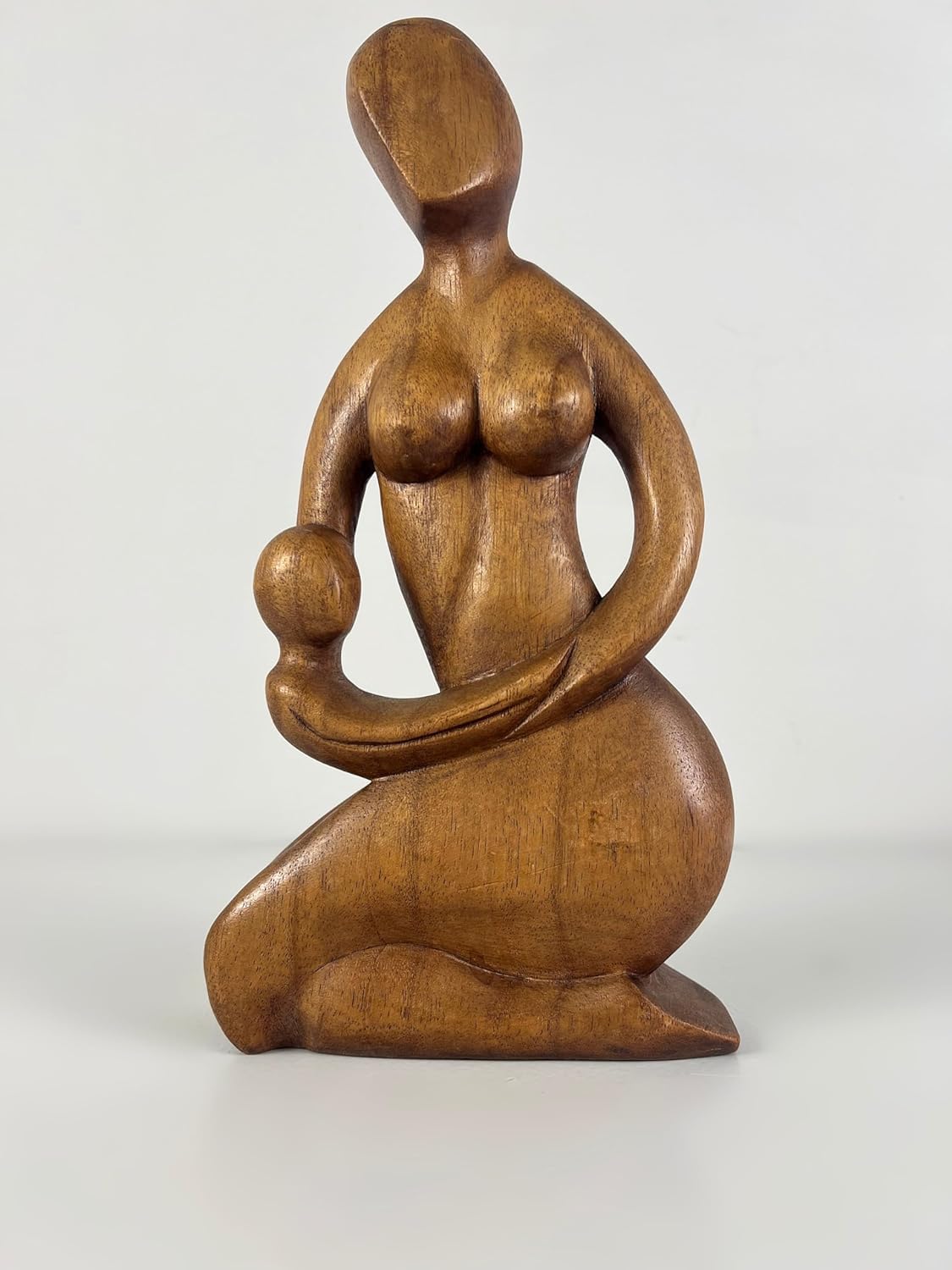 kveer Wood Hand-Carved Wooden Mother and Child Figurine, Abstract Sculpture, Brown, Decorative Idol
