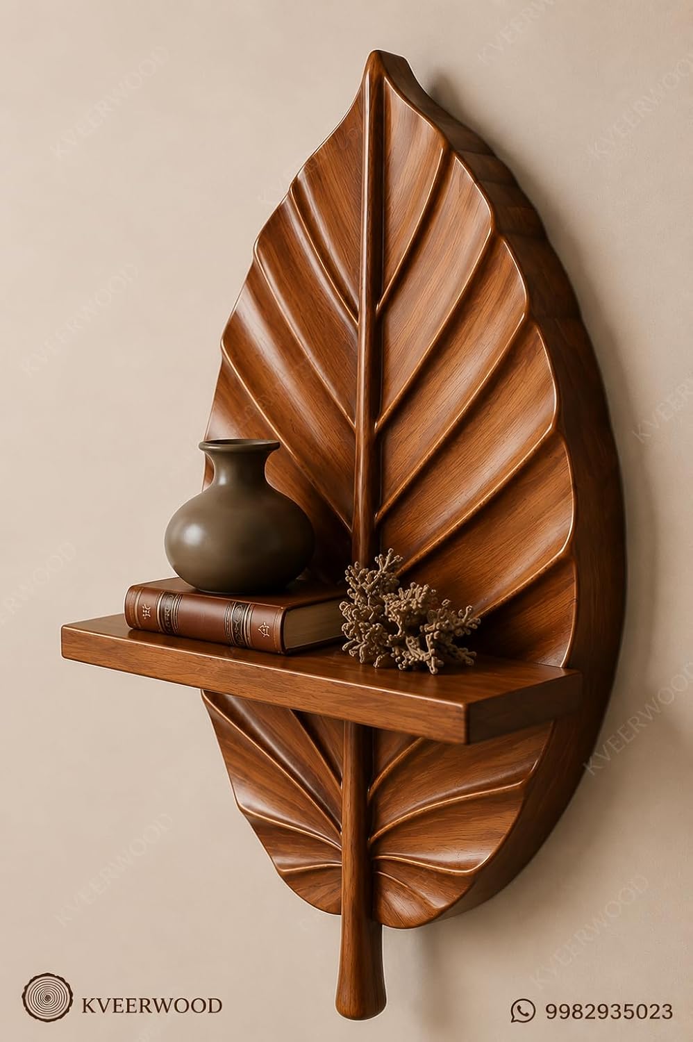 kveer Leaf Shaped Wooden Wall Shelf, Brown Wood Finish