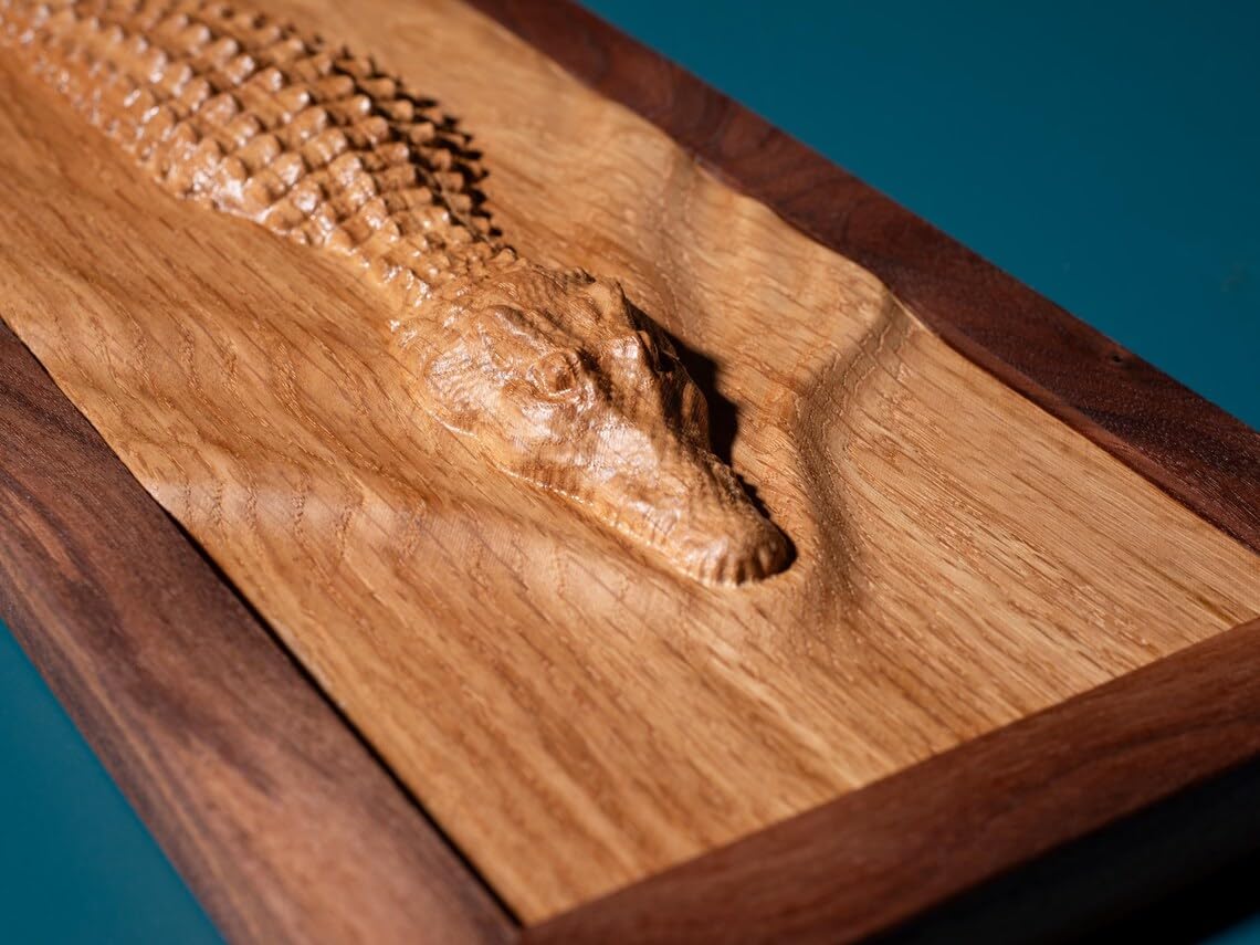 kveer 3D Carved Crocodile Wall Art, Handcrafted Oak Wood with Walnut Frame, Decorative Relief Carving