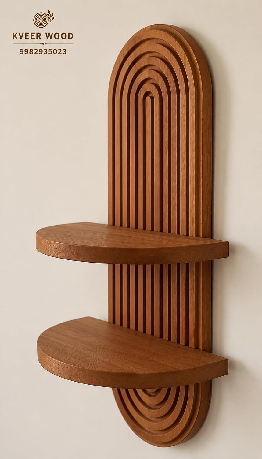 kveer Wood Arched Wooden Wall Shelf with Double Tier Slatted Design