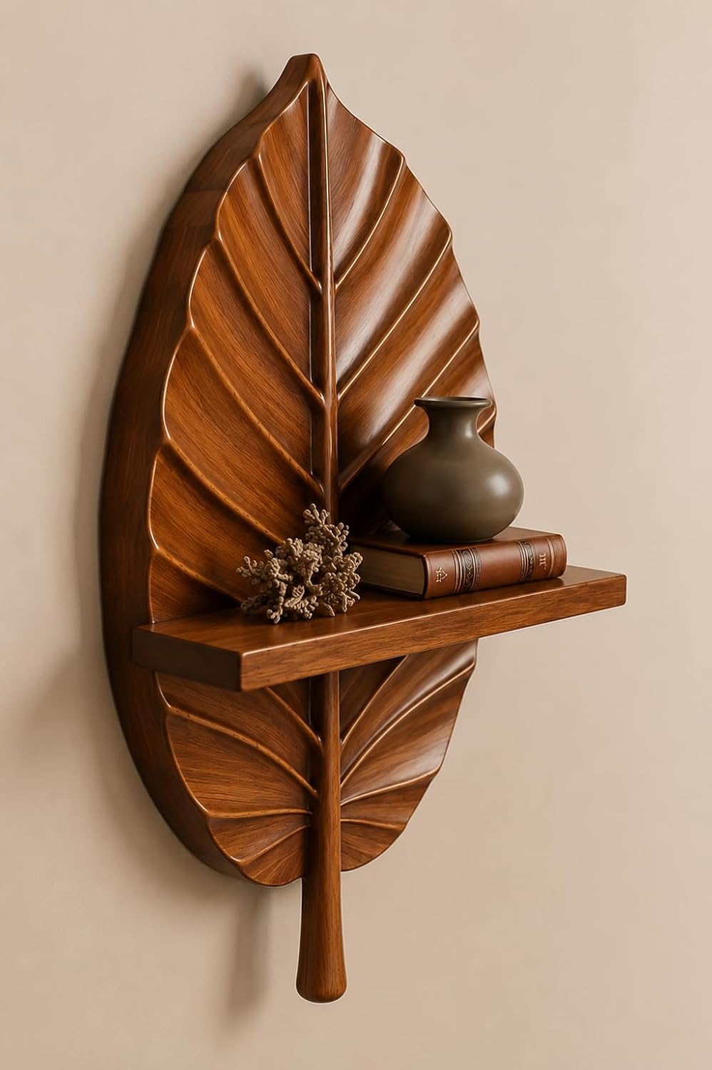 kveer Leaf Shaped Wooden Wall Shelf, Brown Wood Finish