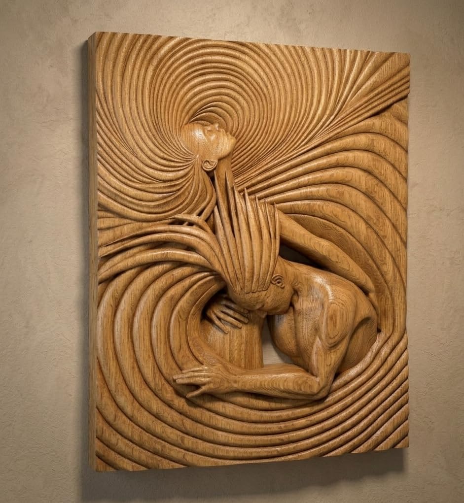 kveer wood Hand-Carved Oak Wood Wall Art, 3D Relief Sculpture, Abstract Swirl Pattern, Embracing Figures, Large Wooden Plaque for Home Decor