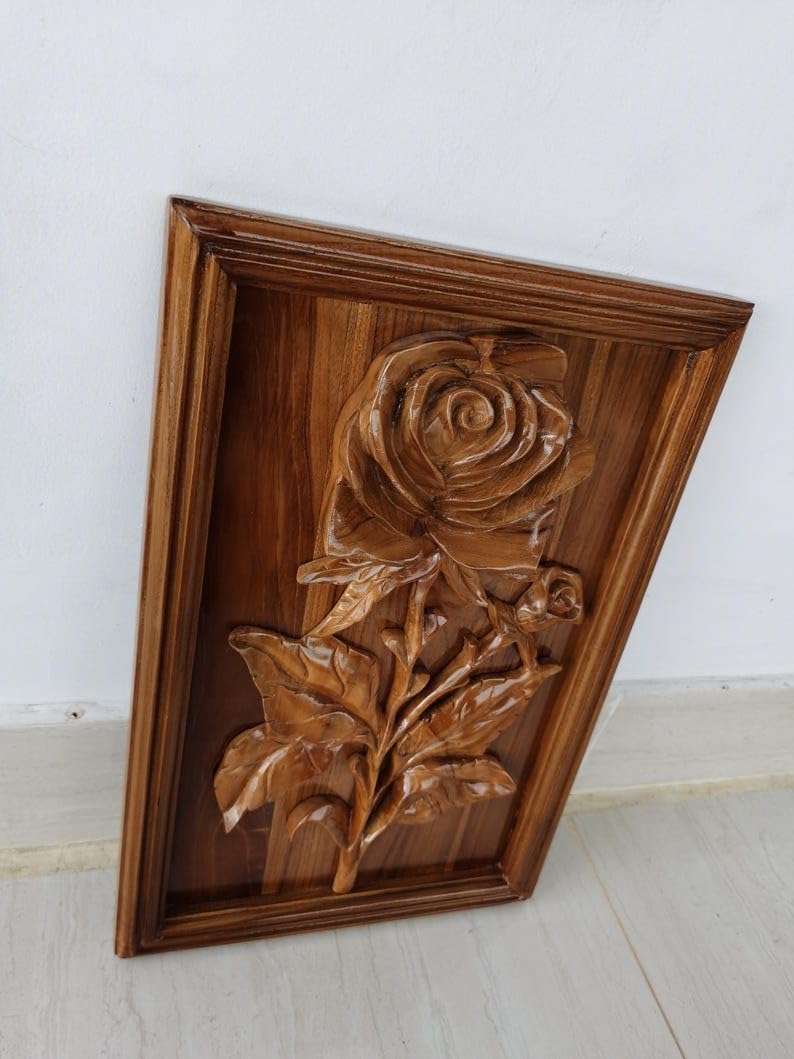 kveer Handcrafted Wooden Rose Wall Art, 3D Carved Floral Relief Panel, Decorative Wood Wall Hanging for Living Room, Bedroom