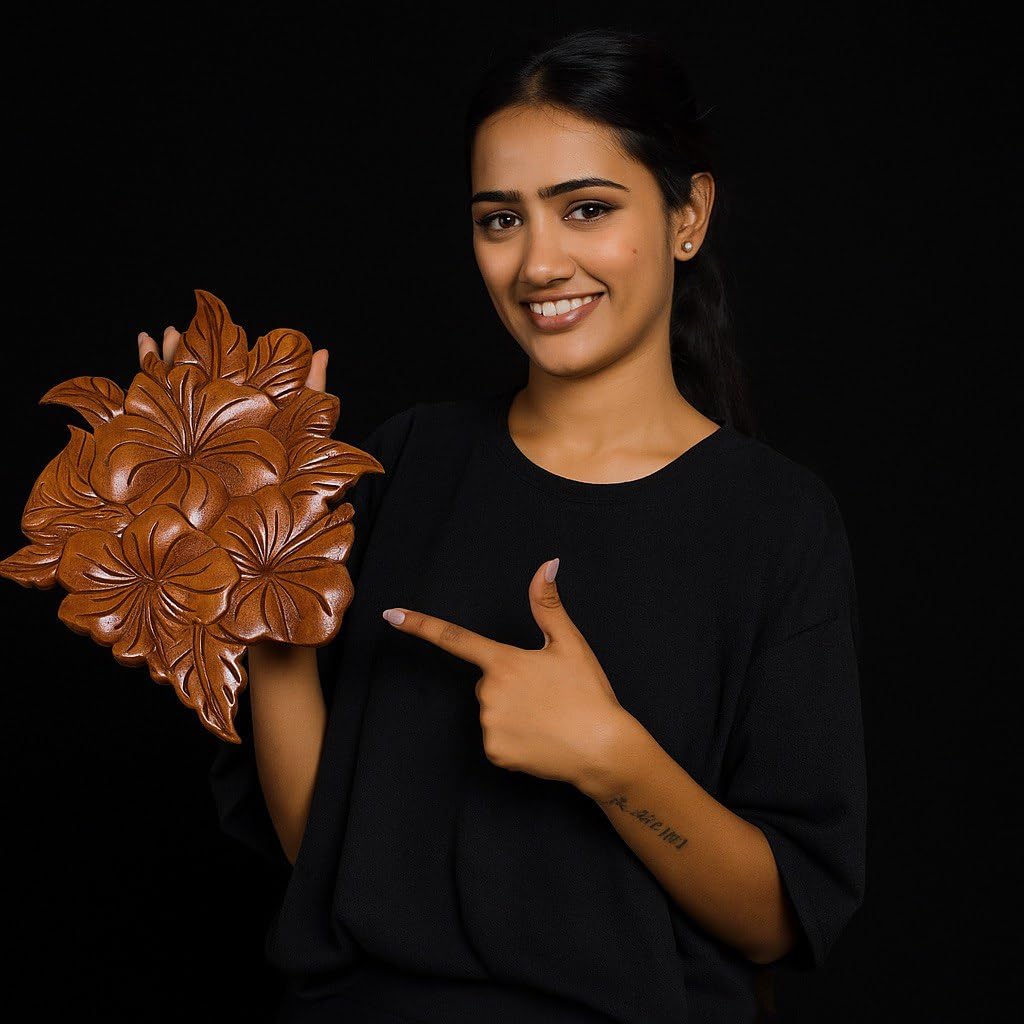 kveer wood Handcrafted Wooden Hibiscus Wall Art – Decorative Flower Carving Panel for Home & Office | Natural Finish Wood Wall Hanging Decor