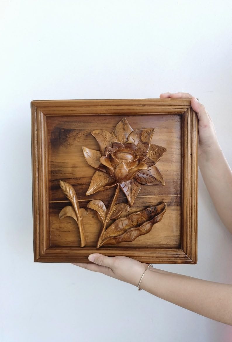 kveer Hand Carved Wooden Floral Wall Art, Rustic 3D Botanical Rose Carving, Farmhouse Style Decor