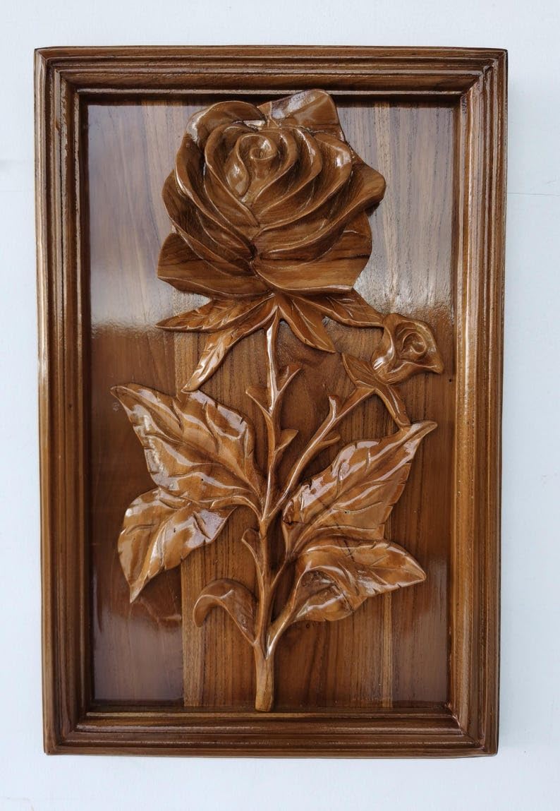kveer Handcrafted Wooden Rose Wall Art, 3D Carved Floral Relief Panel, Decorative Wood Wall Hanging for Living Room, Bedroom