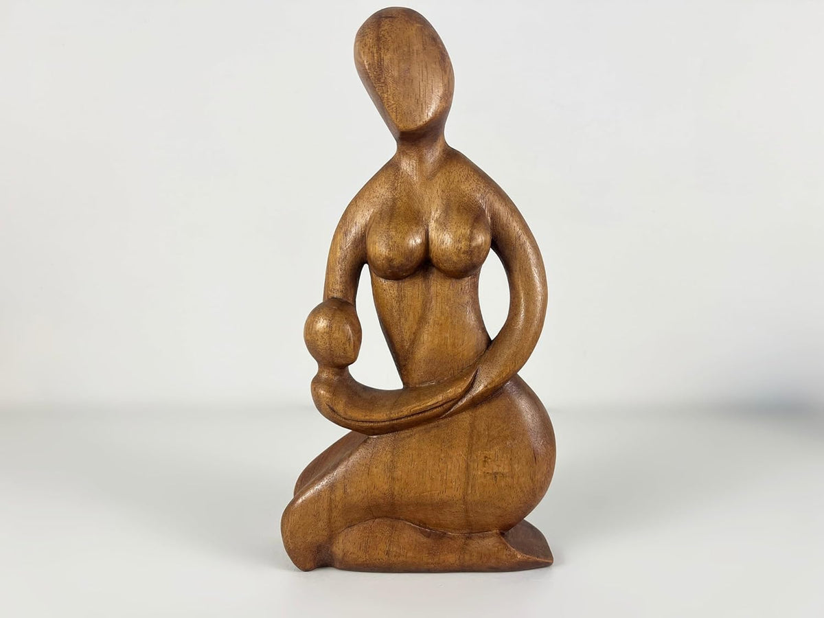 kveer Wood Hand-Carved Wooden Mother and Child Figurine, Abstract Sculpture, Brown, Decorative Idol