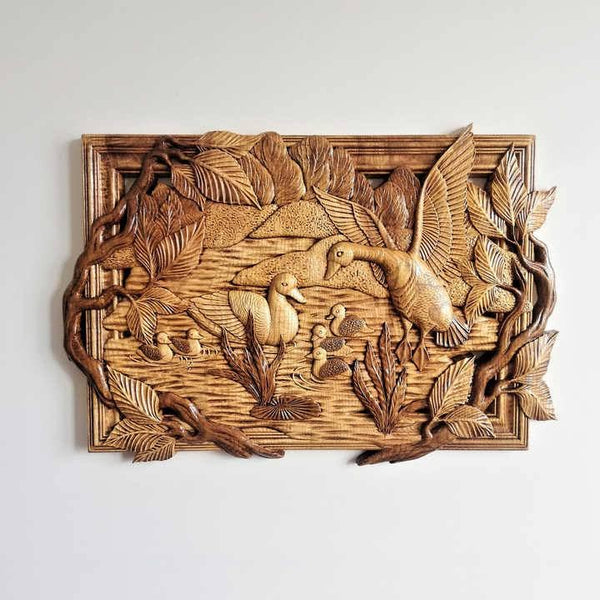 kveer wood Handcrafted Wooden Duck Family Wall Art, 3D Carved Nature Scene, Rustic Home Decor