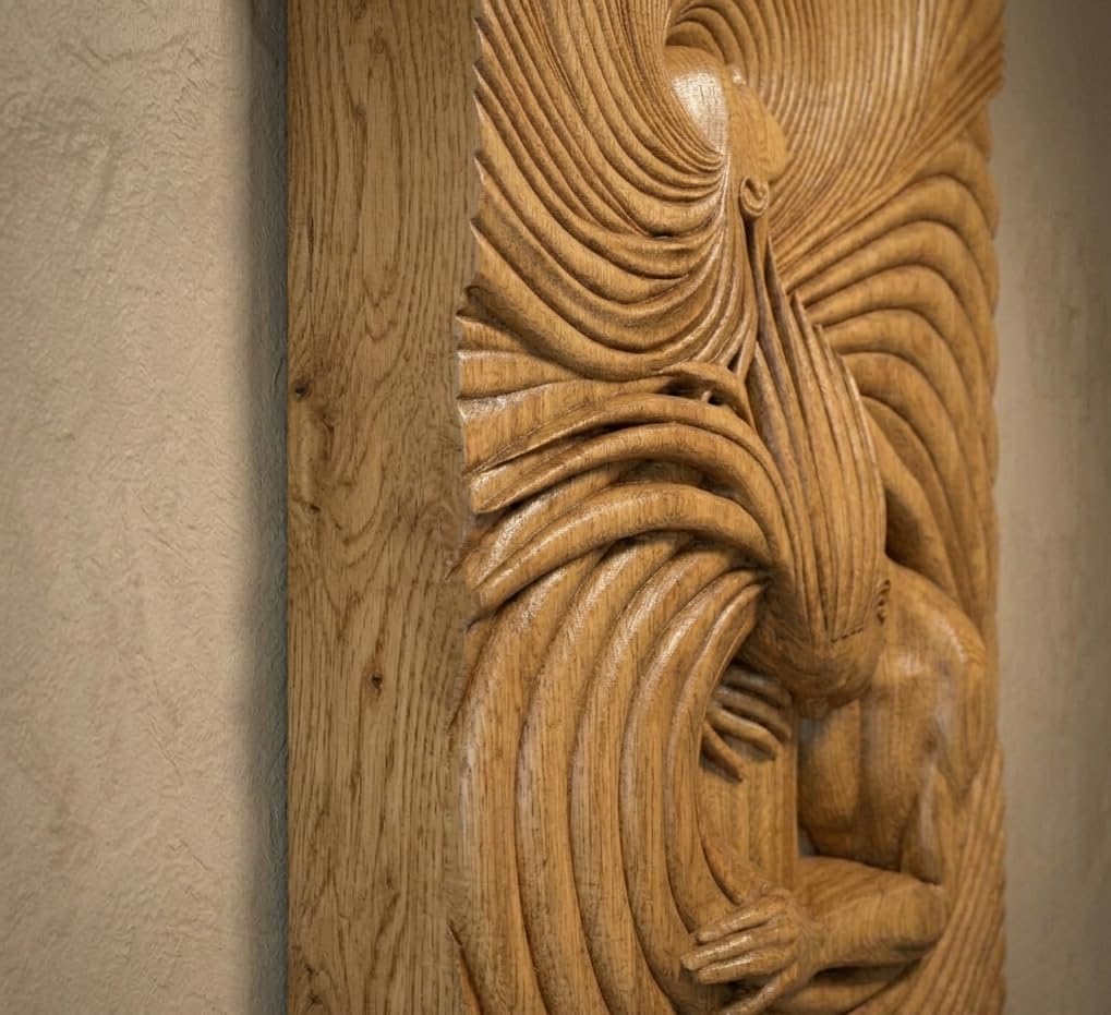 kveer wood Hand-Carved Oak Wood Wall Art, 3D Relief Sculpture, Abstract Swirl Pattern, Embracing Figures, Large Wooden Plaque for Home Decor