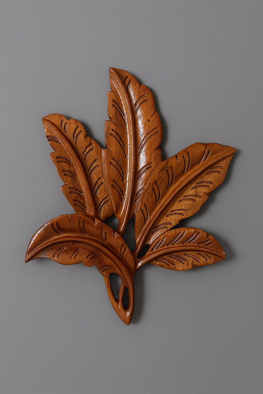 kveer wood Handcrafted Wooden Leaf Wall Art – Natural Brown Leaf Design for Home & Office Decor – 3D Carved Wood Wall Hanging