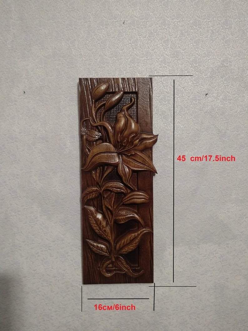 kveer WOOD Handcrafted Wooden Wall Art Panel, Lily Flower Carved Design, Decorative Wood Wall Hanging