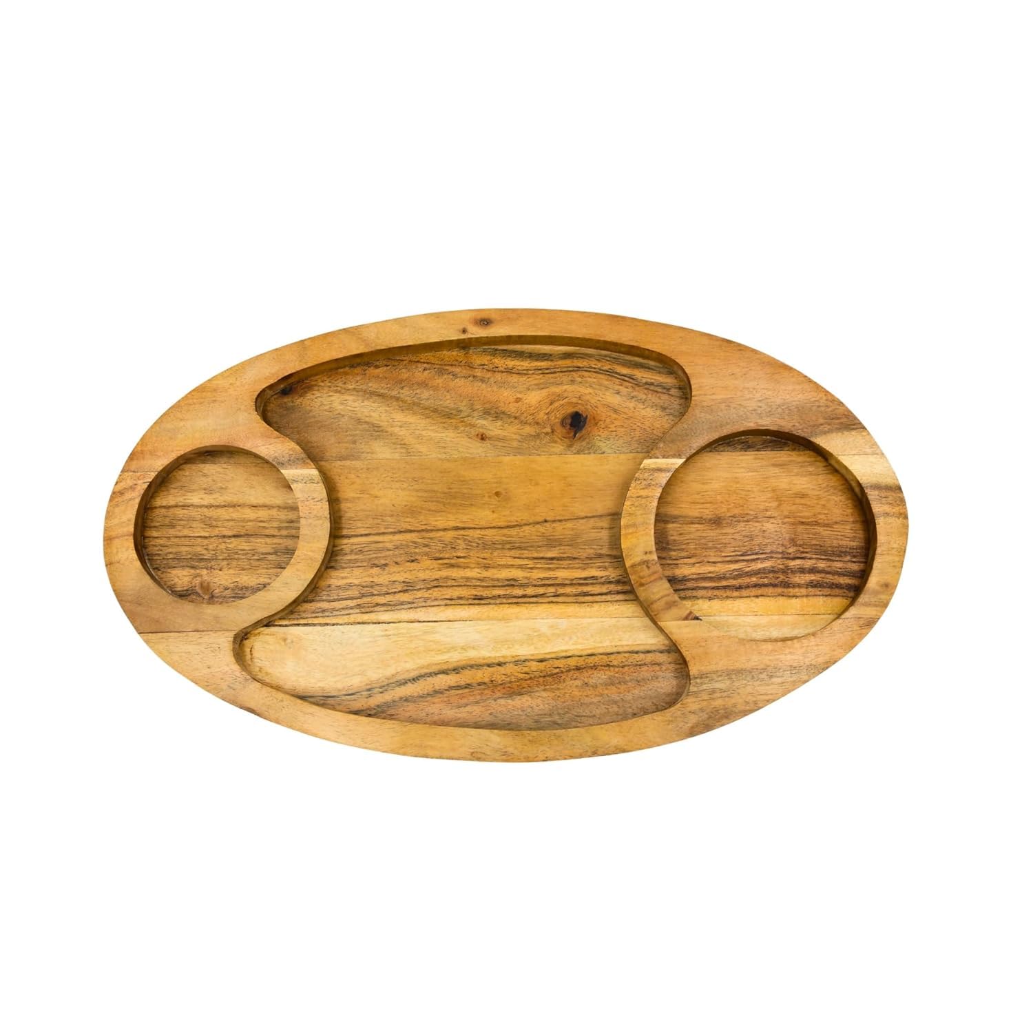 kveer Wood Wooden Serving Platter with 3 Compartments | Handcrafted Sheesham Wood Snack Tray for Dry Fruits, Namkeen, and Sweets | Oval Sectional Wooden Plate for Home & Kitchen