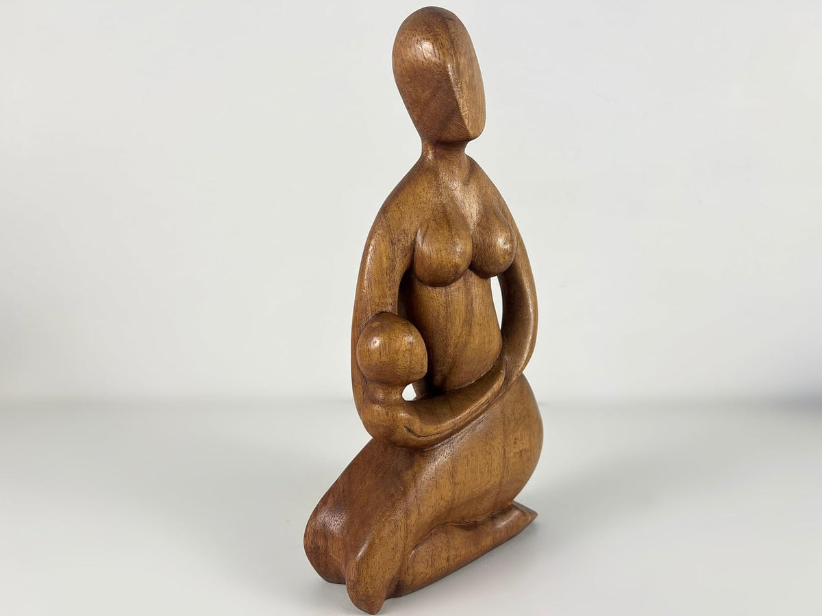 kveer Wood Hand-Carved Wooden Mother and Child Figurine, Abstract Sculpture, Brown, Decorative Idol