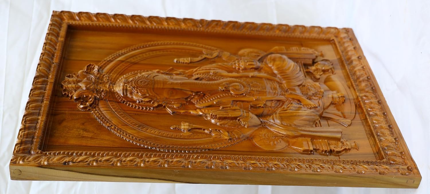 kveer Ganesh God picture wall hanging Pooja Room Teak Wooden carving picture Marquetry, WALL DECOR (Teak colour)