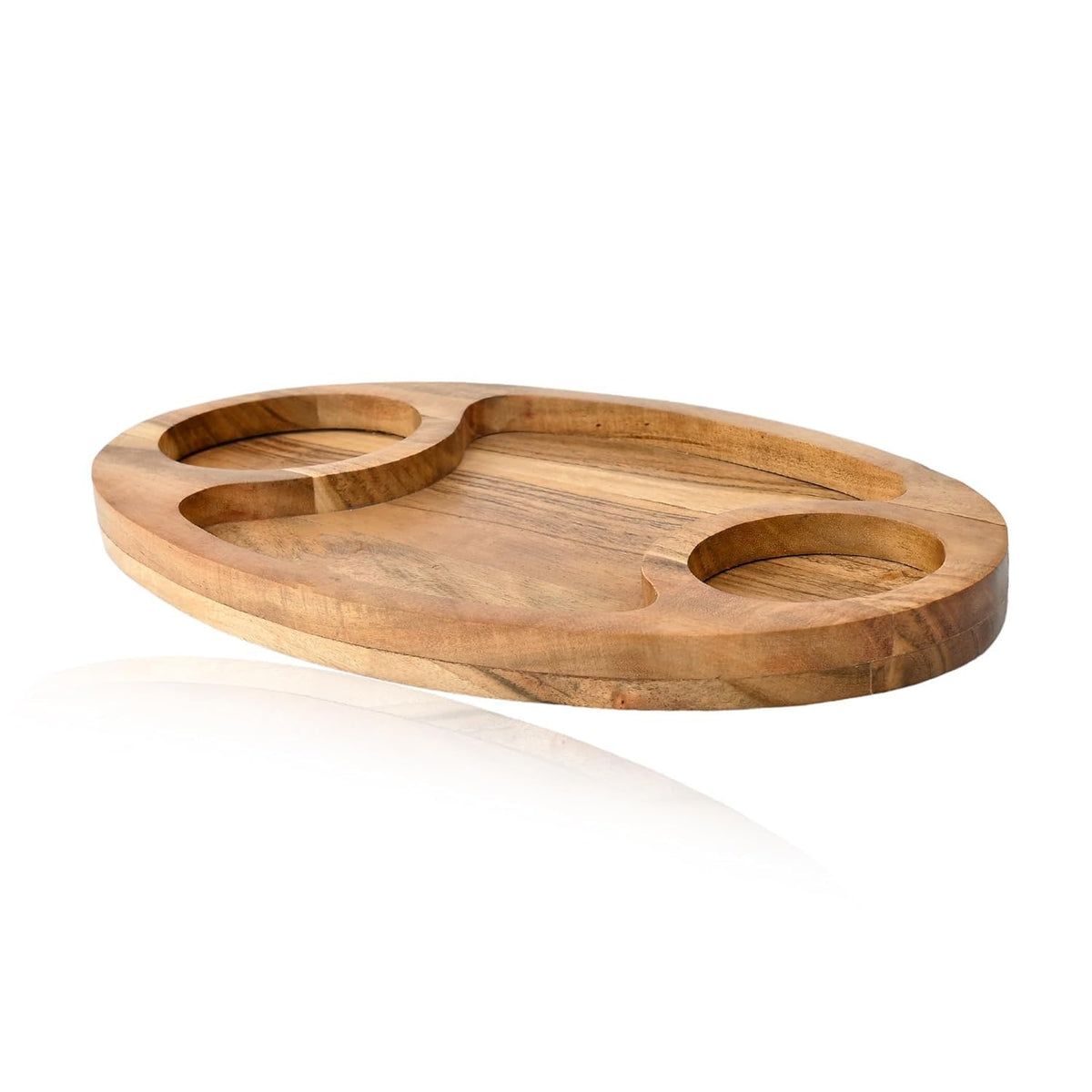 kveer Wood Wooden Serving Platter with 3 Compartments | Handcrafted Sheesham Wood Snack Tray for Dry Fruits, Namkeen, and Sweets | Oval Sectional Wooden Plate for Home & Kitchen