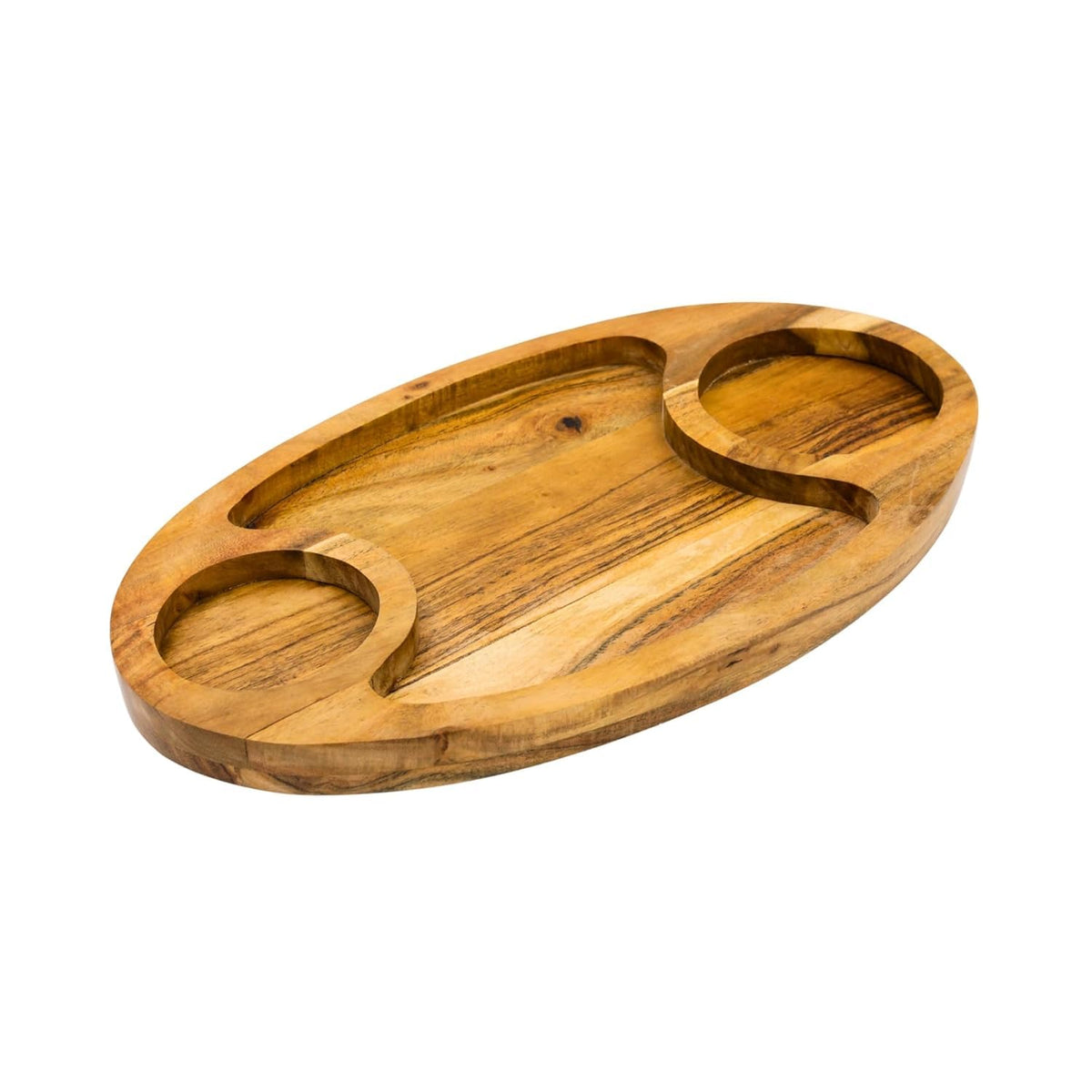 kveer Wood Wooden Serving Platter with 3 Compartments | Handcrafted Sheesham Wood Snack Tray for Dry Fruits, Namkeen, and Sweets | Oval Sectional Wooden Plate for Home & Kitchen