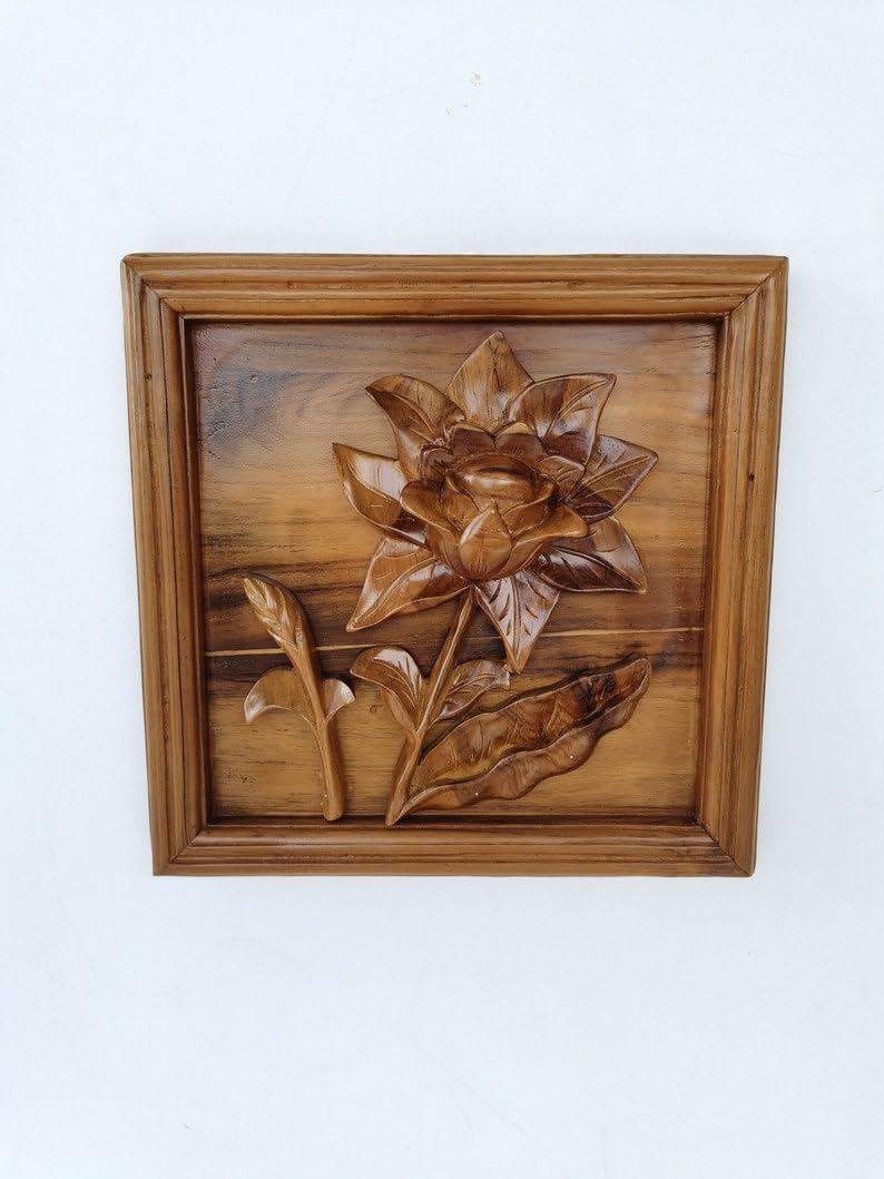 kveer Hand Carved Wooden Floral Wall Art, Rustic 3D Botanical Rose Carving, Farmhouse Style Decor