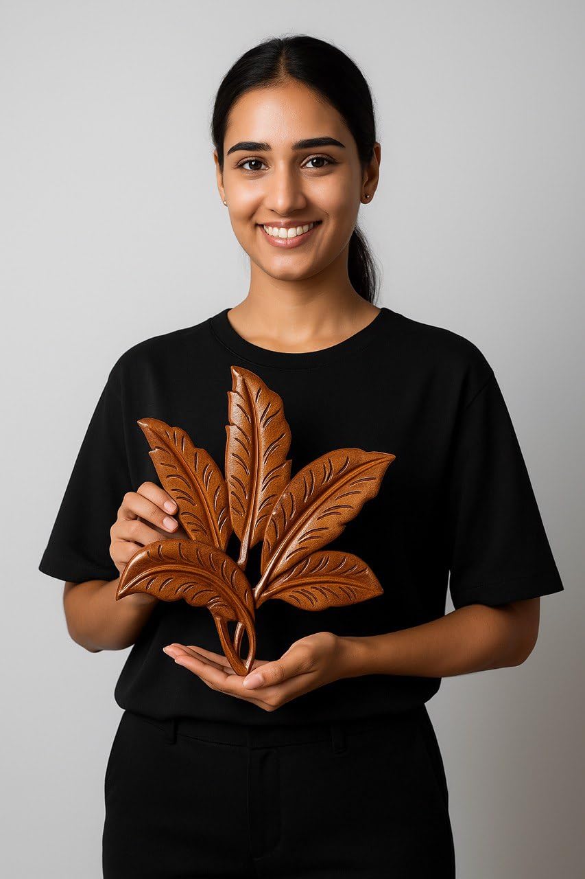 kveer wood Handcrafted Wooden Leaf Wall Art – Natural Brown Leaf Design for Home & Office Decor – 3D Carved Wood Wall Hanging